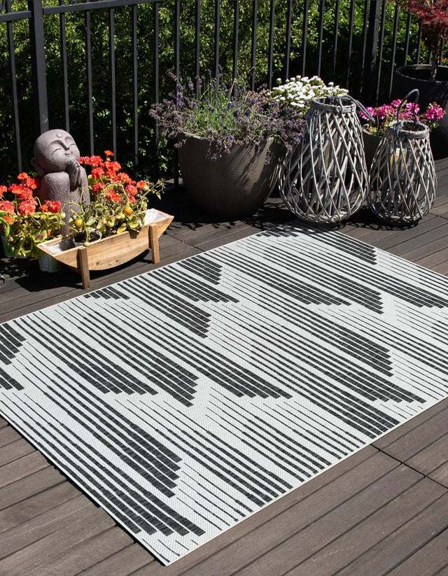 Black and White 6' 1 x 9' Outdoor Modern Rectangle Area Rug Weather Resistant for Patio, Deck, Terrace, Balcony, Porch 100% Polypropylene Modern Outside Carpet for Sale at Rug Engine