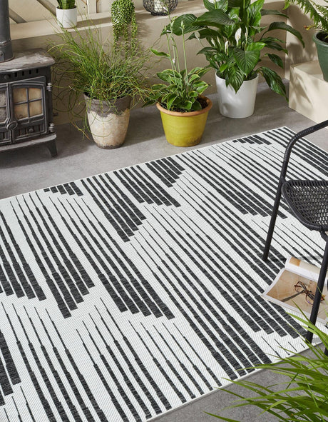 Black and White 7' 1 x 10' Outdoor Modern Rectangle Area Rug Weather Resistant for Patio, Deck, Terrace, Balcony, Porch 100% Polypropylene Modern Outside Carpet for Sale at Rug Engine
