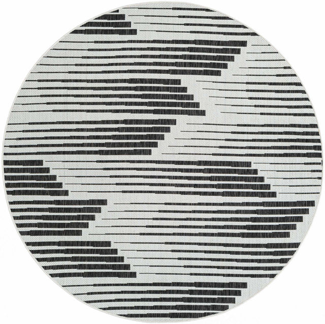Black and White 6' 1 x 6' 1 Outdoor Modern Round Area Rug Weather Resistant for Patio, Deck, Terrace, Balcony, Porch 100% Polypropylene Modern Outside Carpet for Sale at Rug Engine
