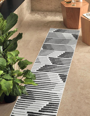 Black and White 2' x 8' Outdoor Modern Runner Area Rug Weather Resistant for Patio, Deck, Terrace, Balcony, Porch 100% Polypropylene Modern Outside Carpet for Sale at Rug Engine