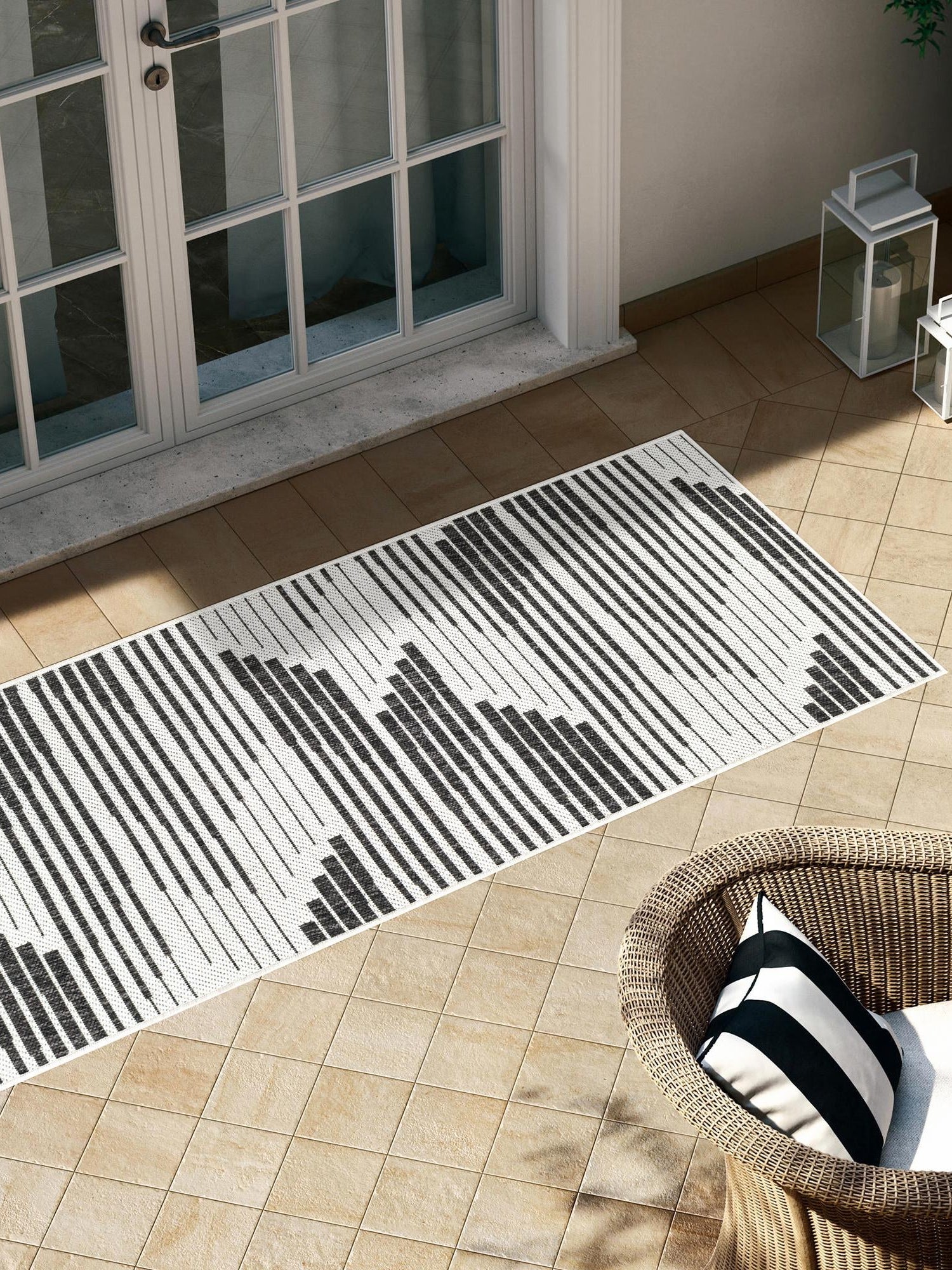Black and White 2' 7 x 12' Outdoor Modern Runner Area Rug Weather Resistant for Patio, Deck, Terrace, Balcony, Porch 100% Polypropylene Modern Outside Carpet for Sale at Rug Engine