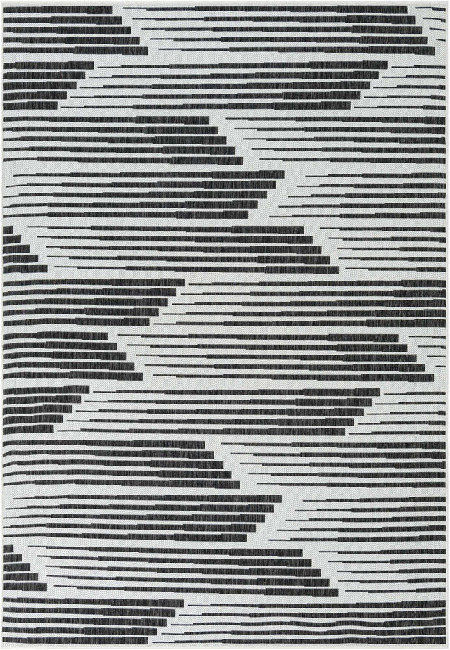 Black and White 7' 1 x 10' Outdoor Modern Rectangle Area Rug Weather Resistant for Patio, Deck, Terrace, Balcony, Porch 100% Polypropylene Modern Outside Carpet for Sale at Rug Engine