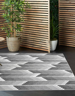 Black and White 7' 10 x 7' 10 Outdoor Modern Square Area Rug Weather Resistant for Patio, Deck, Terrace, Balcony, Porch 100% Polypropylene Modern Outside Carpet for Sale at Rug Engine