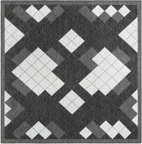 Black and White 10' x 10' Outdoor Modern Square Area Rug Weather Resistant for Patio, Deck, Terrace, Balcony, Porch 100% Polypropylene Modern Outside Carpet for Sale at Rug Engine