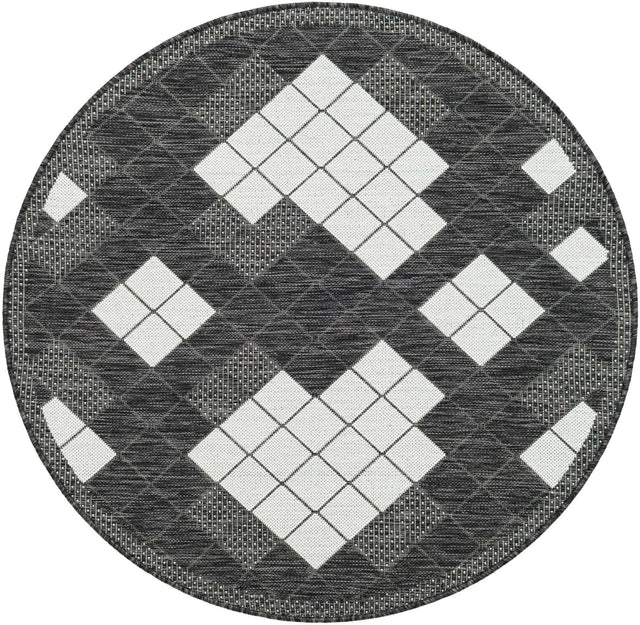 Black and White 4' 1 x 4' 1 Outdoor Modern Round Area Rug Weather Resistant for Patio, Deck, Terrace, Balcony, Porch 100% Polypropylene Modern Outside Carpet for Sale at Rug Engine