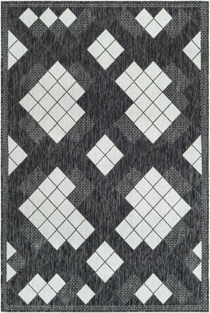Black and White 4' 1 x 6' 1 Outdoor Modern Rectangle Area Rug Weather Resistant for Patio, Deck, Terrace, Balcony, Porch 100% Polypropylene Modern Outside Carpet for Sale at Rug Engine