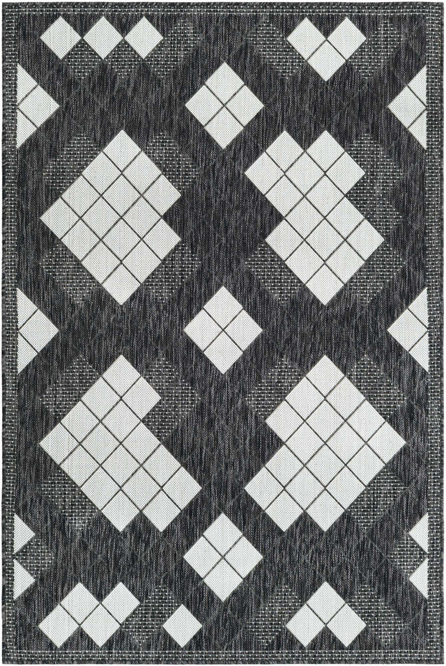 Black and White 4' 1 x 6' 1 Outdoor Modern Rectangle Area Rug Weather Resistant for Patio, Deck, Terrace, Balcony, Porch 100% Polypropylene Modern Outside Carpet for Sale at Rug Engine