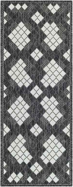 Black and White 2' x 5' 3 Outdoor Modern Runner Area Rug Weather Resistant for Patio, Deck, Terrace, Balcony, Porch 100% Polypropylene Modern Outside Carpet for Sale at Rug Engine
