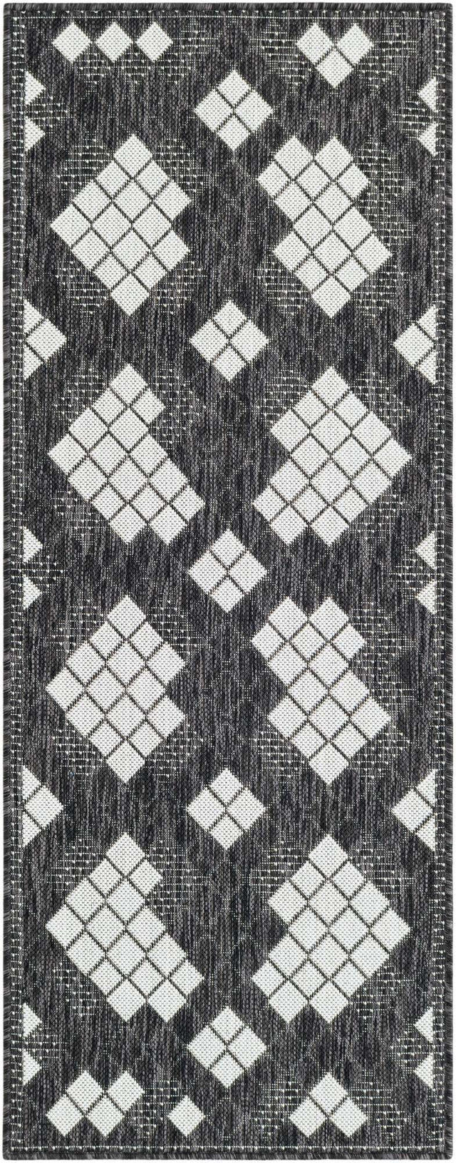Black and White 2' x 5' 3 Outdoor Modern Runner Area Rug Weather Resistant for Patio, Deck, Terrace, Balcony, Porch 100% Polypropylene Modern Outside Carpet for Sale at Rug Engine