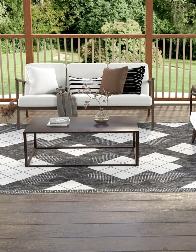 Black and White 6' 1 x 9' Outdoor Modern Rectangle Area Rug Weather Resistant for Patio, Deck, Terrace, Balcony, Porch 100% Polypropylene Modern Outside Carpet for Sale at Rug Engine
