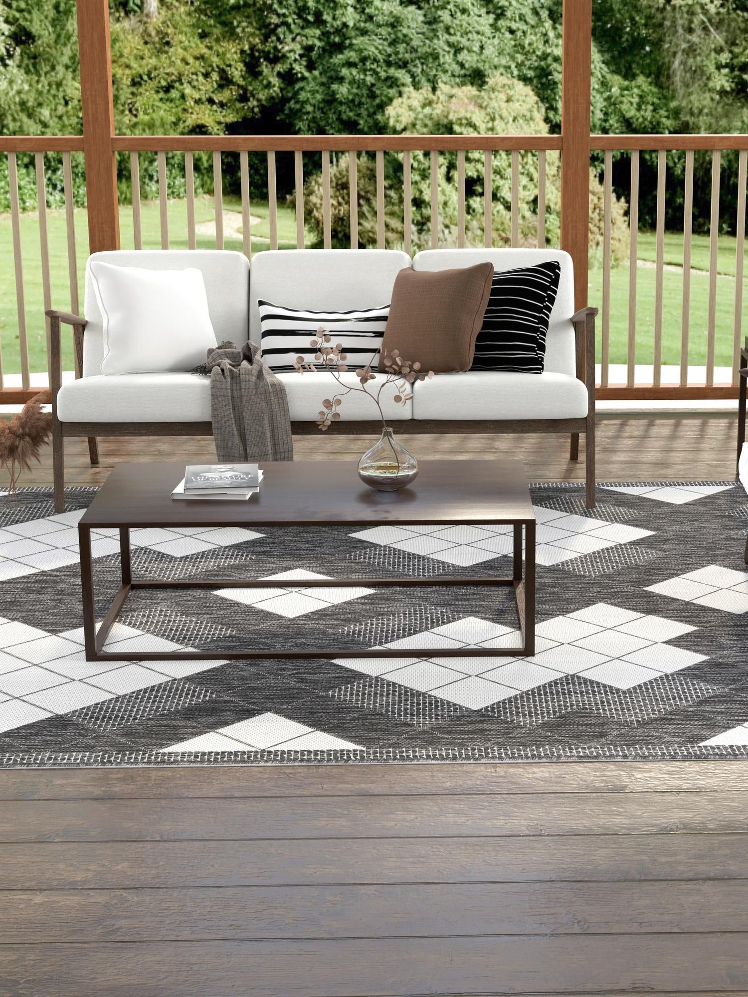 Black and White 9' x 12' Outdoor Modern Rectangle Area Rug Weather Resistant for Patio, Deck, Terrace, Balcony, Porch 100% Polypropylene Modern Outside Carpet for Sale at Rug Engine