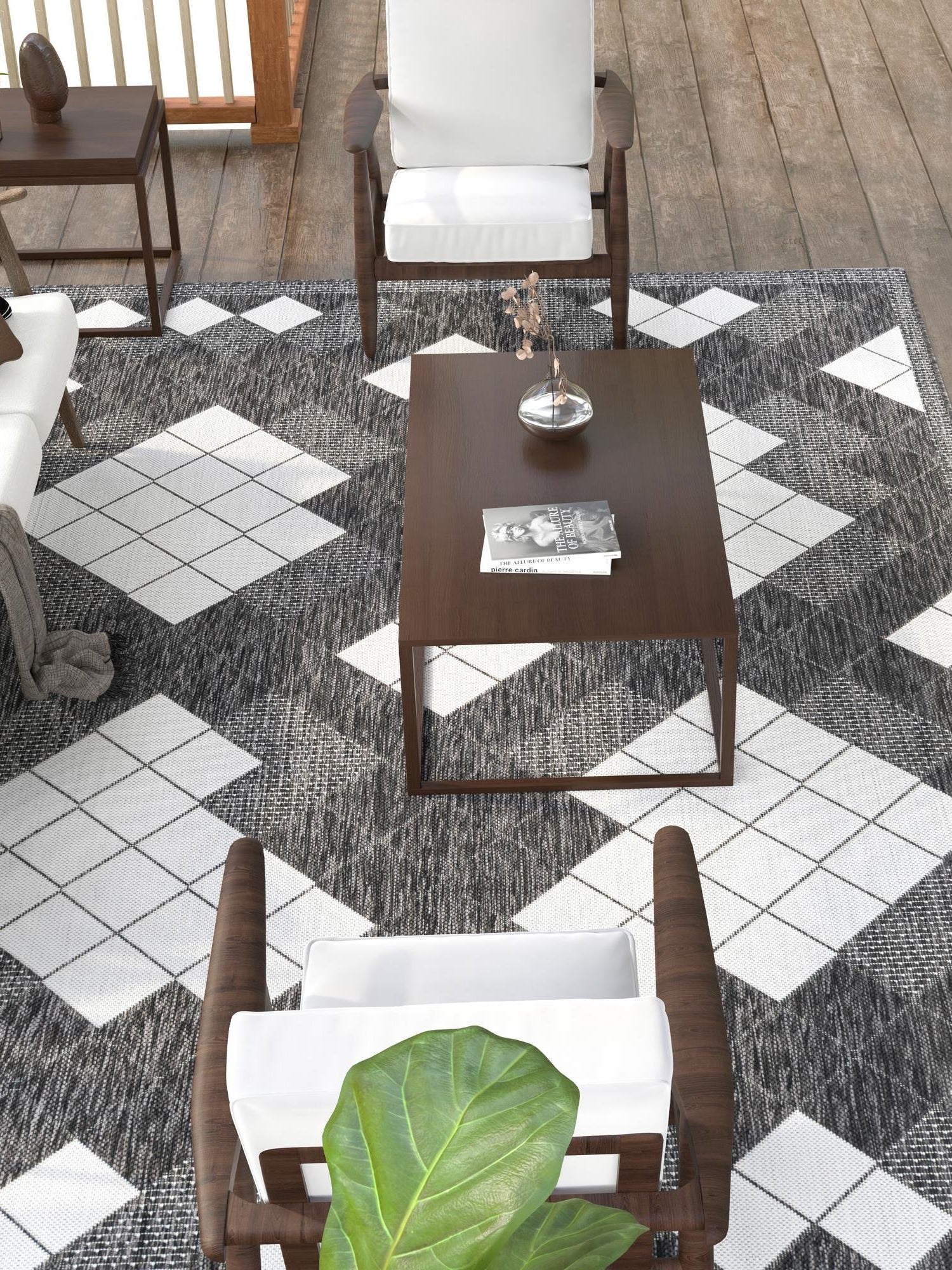 Black and White 6' 1 x 9' Outdoor Modern Rectangle Area Rug Weather Resistant for Patio, Deck, Terrace, Balcony, Porch 100% Polypropylene Modern Outside Carpet for Sale at Rug Engine