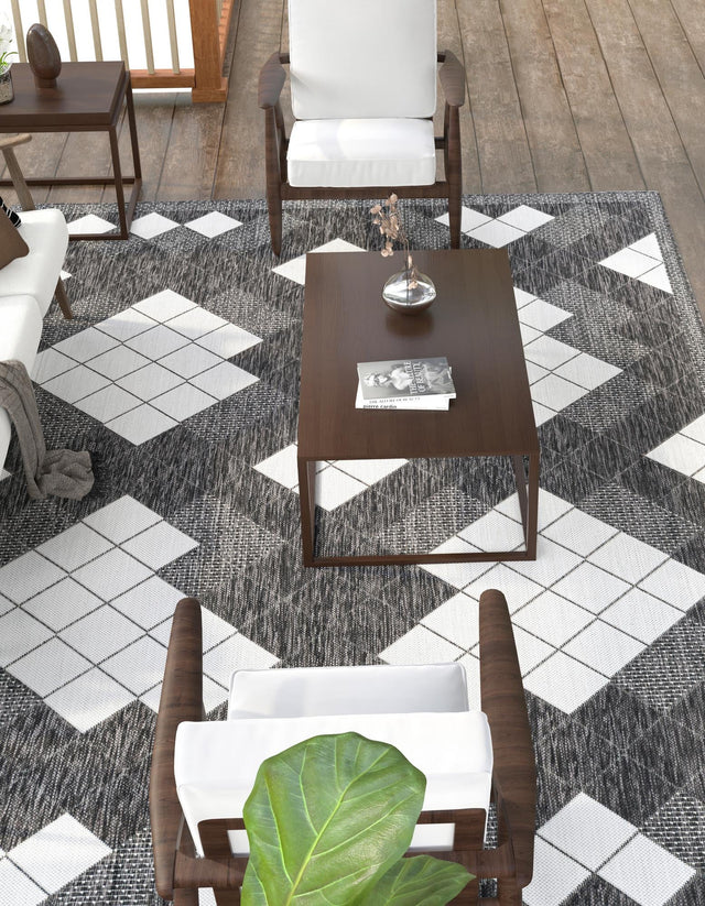 Black and White 7' 10 x 10' Outdoor Modern Rectangle Area Rug Weather Resistant for Patio, Deck, Terrace, Balcony, Porch 100% Polypropylene Modern Outside Carpet for Sale at Rug Engine