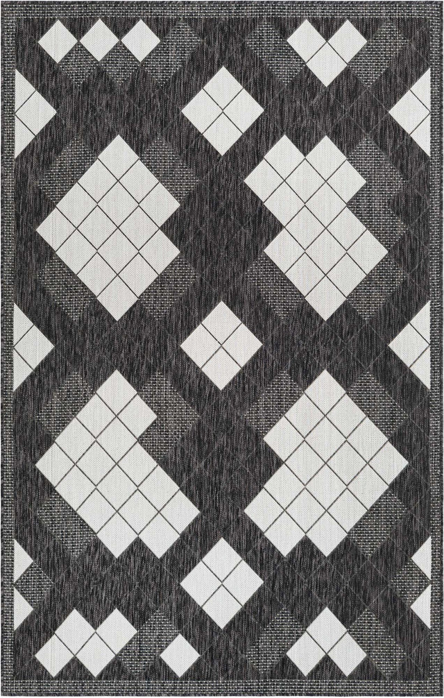 Black and White 5' 3 x 8' Outdoor Modern Rectangle Area Rug Weather Resistant for Patio, Deck, Terrace, Balcony, Porch 100% Polypropylene Modern Outside Carpet for Sale at Rug Engine