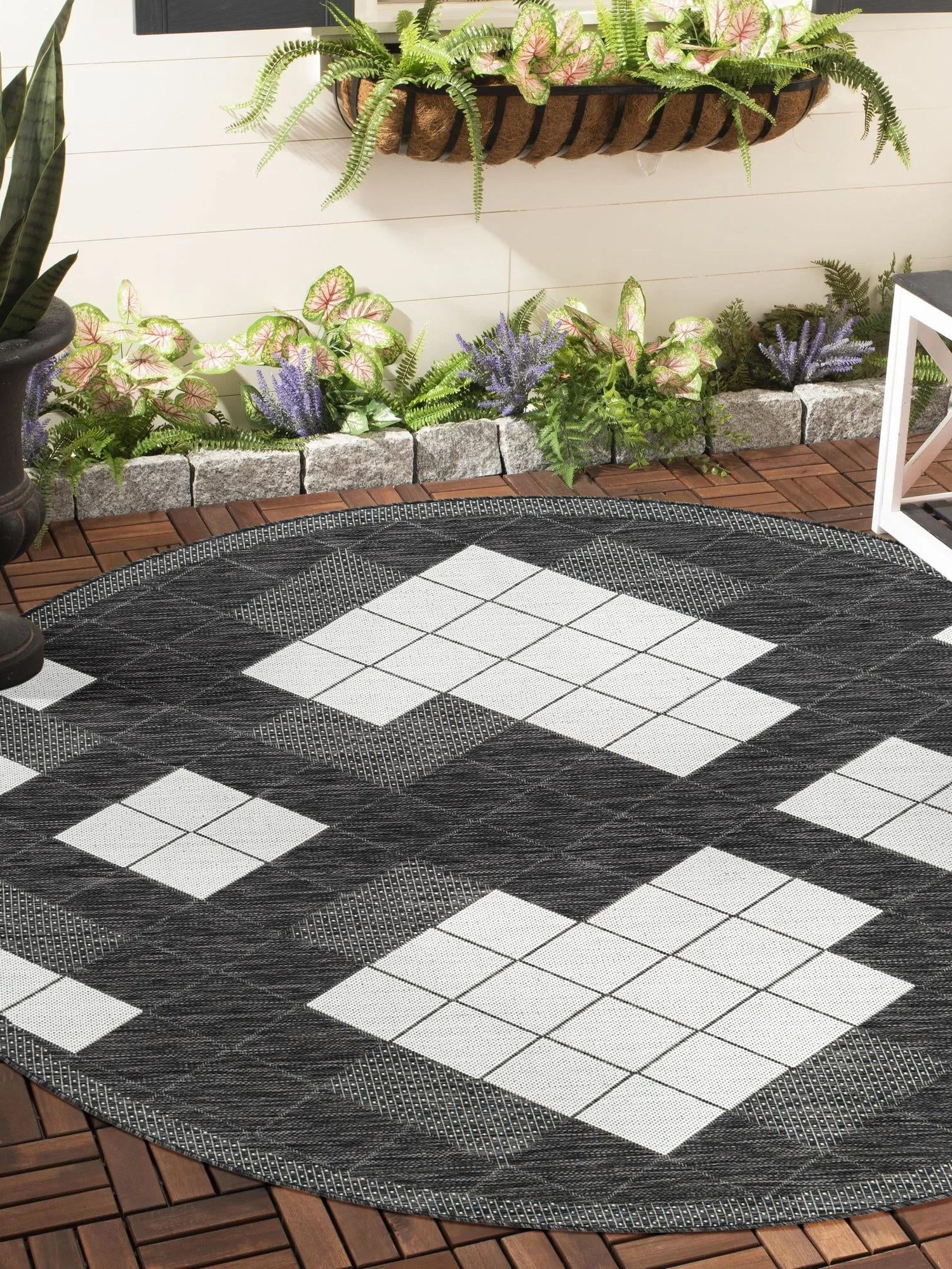 Black and White 3' 1 x 3' 1 Outdoor Modern Round Area Rug Weather Resistant for Patio, Deck, Terrace, Balcony, Porch 100% Polypropylene Modern Outside Carpet for Sale at Rug Engine