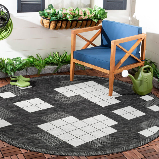Black and White 7' 10 x 7' 10 Outdoor Modern Round Area Rug Weather Resistant for Patio, Deck, Terrace, Balcony, Porch 100% Polypropylene Modern Outside Carpet for Sale at Rug Engine