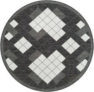 Black and White 6' 1 x 6' 1 Outdoor Modern Round Area Rug Weather Resistant for Patio, Deck, Terrace, Balcony, Porch 100% Polypropylene Modern Outside Carpet for Sale at Rug Engine