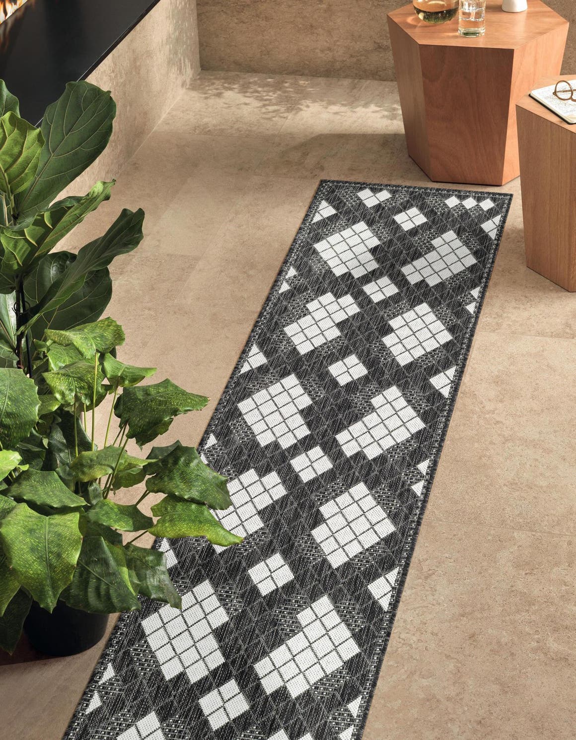 Black and White 2' x 8' Outdoor Modern Runner Area Rug Weather Resistant for Patio, Deck, Terrace, Balcony, Porch 100% Polypropylene Modern Outside Carpet for Sale at Rug Engine