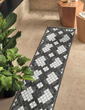 Black and White 2' x 8' Outdoor Modern Runner Area Rug Weather Resistant for Patio, Deck, Terrace, Balcony, Porch 100% Polypropylene Modern Outside Carpet for Sale at Rug Engine