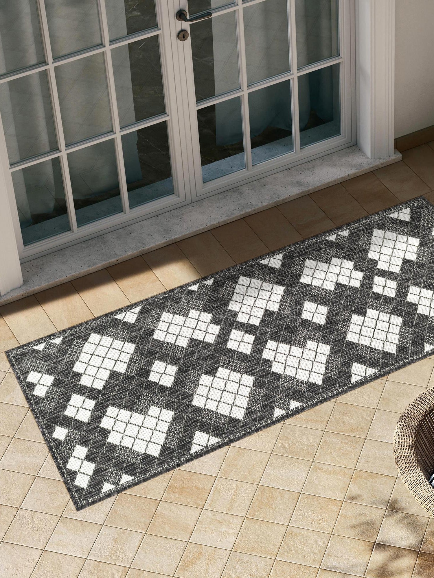 Black and White 2' x 5' 3 Outdoor Modern Runner Area Rug Weather Resistant for Patio, Deck, Terrace, Balcony, Porch 100% Polypropylene Modern Outside Carpet for Sale at Rug Engine