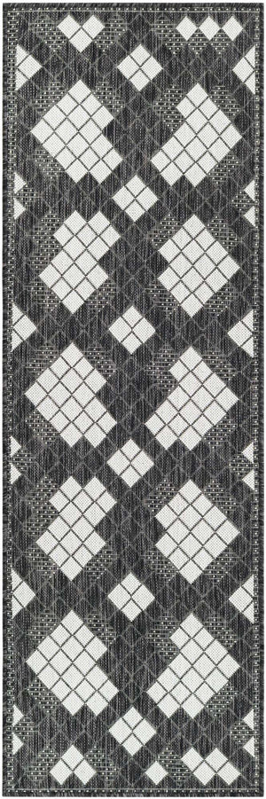 Black and White 2' x 6' 1 Outdoor Modern Runner Area Rug Weather Resistant for Patio, Deck, Terrace, Balcony, Porch 100% Polypropylene Modern Outside Carpet for Sale at Rug Engine