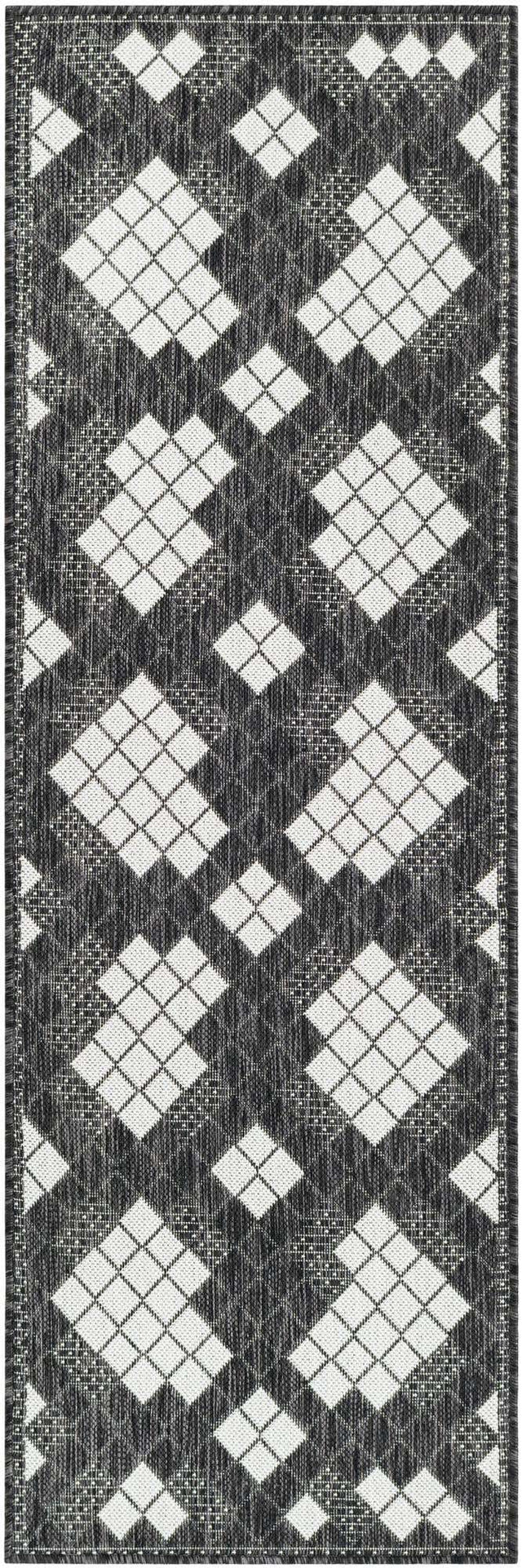 Black and White 2' x 6' 1 Outdoor Modern Runner Area Rug Weather Resistant for Patio, Deck, Terrace, Balcony, Porch 100% Polypropylene Modern Outside Carpet for Sale at Rug Engine