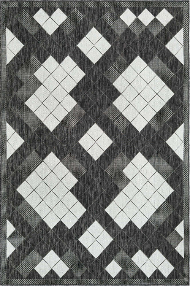 Black and White 6' 1 x 9' Outdoor Modern Rectangle Area Rug Weather Resistant for Patio, Deck, Terrace, Balcony, Porch 100% Polypropylene Modern Outside Carpet for Sale at Rug Engine