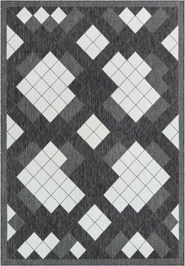 Black and White 7' 1 x 10' Outdoor Modern Rectangle Area Rug Weather Resistant for Patio, Deck, Terrace, Balcony, Porch 100% Polypropylene Modern Outside Carpet for Sale at Rug Engine