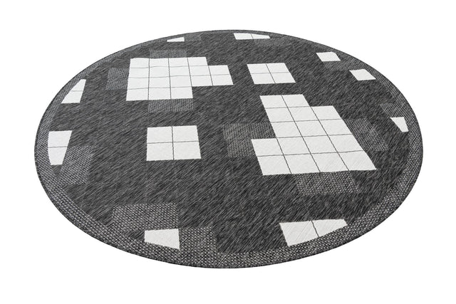 Black and White 7' 10 x 7' 10 Outdoor Modern Round Area Rug Weather Resistant for Patio, Deck, Terrace, Balcony, Porch 100% Polypropylene Modern Outside Carpet for Sale at Rug Engine