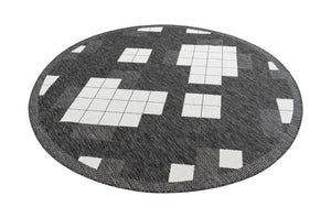 Black and White 7' 10 x 7' 10 Outdoor Modern Round Area Rug Weather Resistant for Patio, Deck, Terrace, Balcony, Porch 100% Polypropylene Modern Outside Carpet for Sale at Rug Engine
