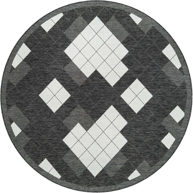 Black and White 7' 10 x 7' 10 Outdoor Modern Round Area Rug Weather Resistant for Patio, Deck, Terrace, Balcony, Porch 100% Polypropylene Modern Outside Carpet for Sale at Rug Engine