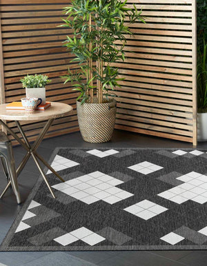 Black and White 7' 10 x 7' 10 Outdoor Modern Square Area Rug Weather Resistant for Patio, Deck, Terrace, Balcony, Porch 100% Polypropylene Modern Outside Carpet for Sale at Rug Engine