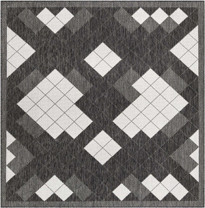 Black and White 7' 10 x 7' 10 Outdoor Modern Square Area Rug Weather Resistant for Patio, Deck, Terrace, Balcony, Porch 100% Polypropylene Modern Outside Carpet for Sale at Rug Engine