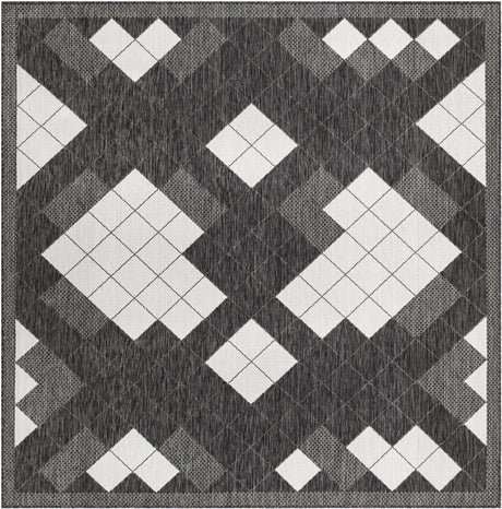 Black and White 7' 10 x 7' 10 Outdoor Modern Square Area Rug Weather Resistant for Patio, Deck, Terrace, Balcony, Porch 100% Polypropylene Modern Outside Carpet for Sale at Rug Engine