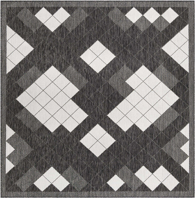 Black and White 7' 10 x 7' 10 Outdoor Modern Square Area Rug Weather Resistant for Patio, Deck, Terrace, Balcony, Porch 100% Polypropylene Modern Outside Carpet for Sale at Rug Engine