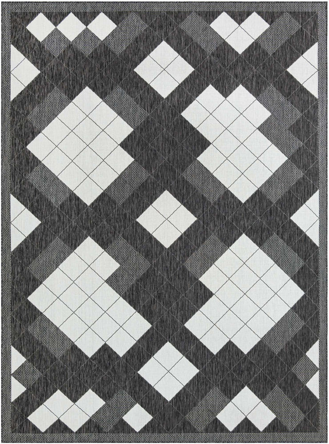 Black and White 9' x 12' Outdoor Modern Rectangle Area Rug Weather Resistant for Patio, Deck, Terrace, Balcony, Porch 100% Polypropylene Modern Outside Carpet for Sale at Rug Engine