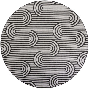 Black and White 10' x 10' Outdoor Modern Round Area Rug Weather Resistant for Patio, Deck, Terrace, Balcony, Porch 100% Polypropylene Modern Outside Carpet for Sale at Rug Engine