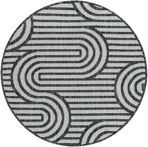 Black and White 3' 1 x 3' 1 Outdoor Modern Round Area Rug Weather Resistant for Patio, Deck, Terrace, Balcony, Porch 100% Polypropylene Modern Outside Carpet for Sale at Rug Engine