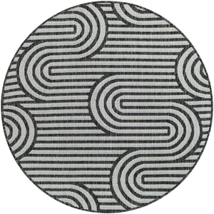 Black and White 4' 1 x 4' 1 Outdoor Modern Round Area Rug Weather Resistant for Patio, Deck, Terrace, Balcony, Porch 100% Polypropylene Modern Outside Carpet for Sale at Rug Engine