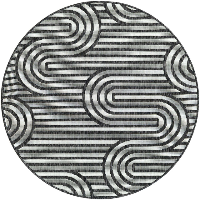 Black and White 4' 1 x 4' 1 Outdoor Modern Round Area Rug Weather Resistant for Patio, Deck, Terrace, Balcony, Porch 100% Polypropylene Modern Outside Carpet for Sale at Rug Engine