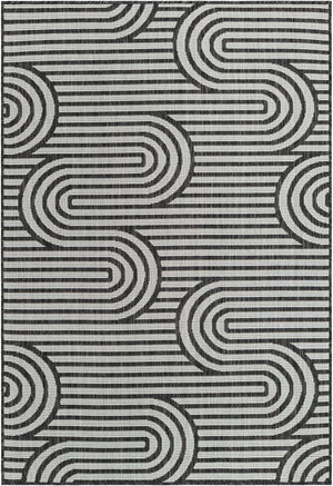 Black and White 4' 1 x 6' 1 Outdoor Modern Rectangle Area Rug Weather Resistant for Patio, Deck, Terrace, Balcony, Porch 100% Polypropylene Modern Outside Carpet for Sale at Rug Engine