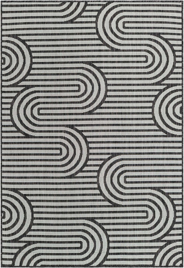 Black and White 4' 1 x 6' 1 Outdoor Modern Rectangle Area Rug Weather Resistant for Patio, Deck, Terrace, Balcony, Porch 100% Polypropylene Modern Outside Carpet for Sale at Rug Engine