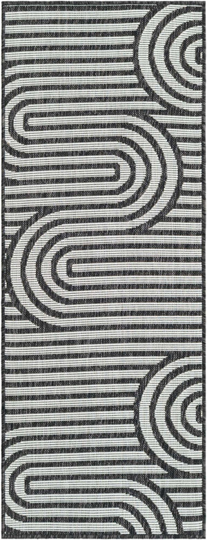Black and White 2' x 5' 3 Outdoor Modern Runner Area Rug Weather Resistant for Patio, Deck, Terrace, Balcony, Porch 100% Polypropylene Modern Outside Carpet for Sale at Rug Engine