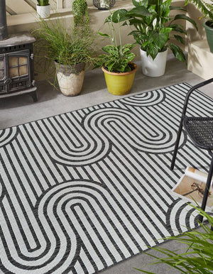 Black and White 5' 3 x 8' Outdoor Modern Rectangle Area Rug Weather Resistant for Patio, Deck, Terrace, Balcony, Porch 100% Polypropylene Modern Outside Carpet for Sale at Rug Engine