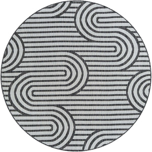 Black and White 6' 1 x 6' 1 Outdoor Modern Round Area Rug Weather Resistant for Patio, Deck, Terrace, Balcony, Porch 100% Polypropylene Modern Outside Carpet for Sale at Rug Engine