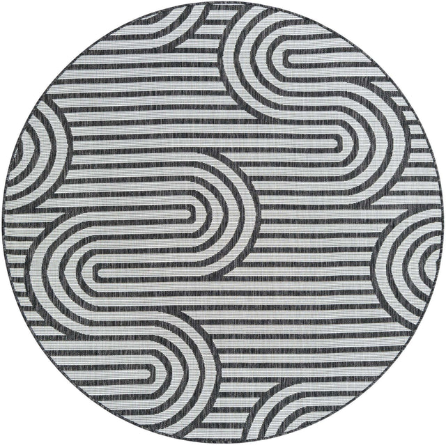 Black and White 6' 1 x 6' 1 Outdoor Modern Round Area Rug Weather Resistant for Patio, Deck, Terrace, Balcony, Porch 100% Polypropylene Modern Outside Carpet for Sale at Rug Engine