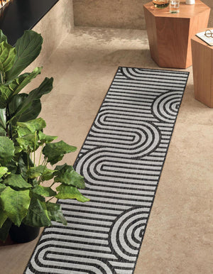Black and White 2' 7 x 12' Outdoor Modern Runner Area Rug Weather Resistant for Patio, Deck, Terrace, Balcony, Porch