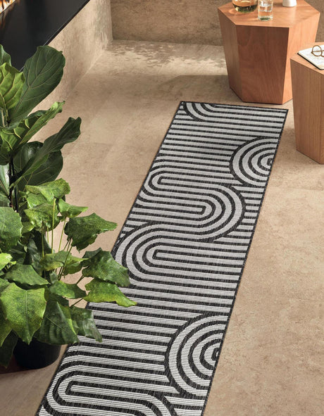 Black and White 2' 7 x 12' Outdoor Modern Runner Area Rug Weather Resistant for Patio, Deck, Terrace, Balcony, Porch