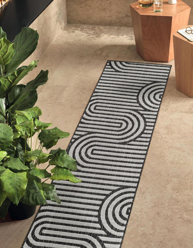 Black and White 2' x 8' Outdoor Modern Runner Area Rug Weather Resistant for Patio, Deck, Terrace, Balcony, Porch 100% Polypropylene Modern Outside Carpet for Sale at Rug Engine