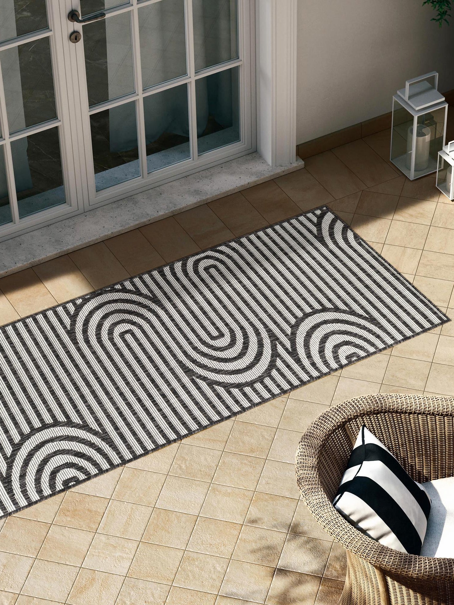 Black and White 2' 7 x 12' Outdoor Modern Runner Area Rug Weather Resistant for Patio, Deck, Terrace, Balcony, Porch 100% Polypropylene Modern Outside Carpet for Sale at Rug Engine